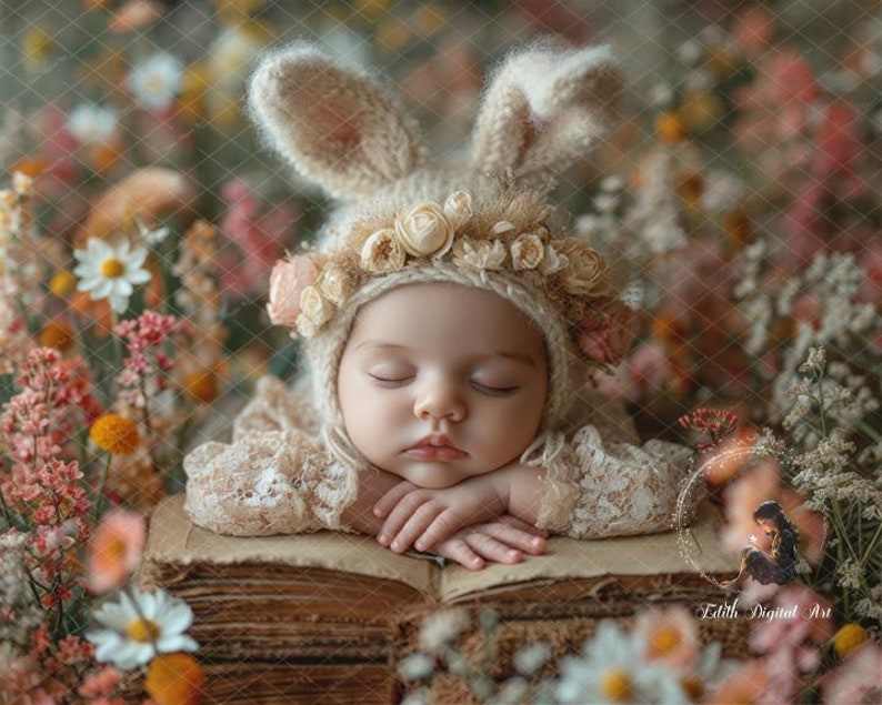 Neugeborenen Digitalen Hintergrund Neugeborenen Digitalen Hintergrund Fügen Sie das Gesicht zu Baby Girl Bunny, Digitale Vorlage Neugeborenen Overlay Frühlingsblütenfeld Bild 6