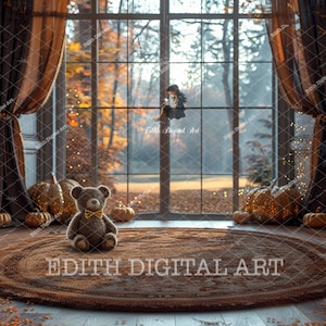 Digitale achtergrond herfst, herfstraam, slaapkamer, woonkamer, teddybeer, studioportret, kinderen, moederschap achtergrond fotografie composiet