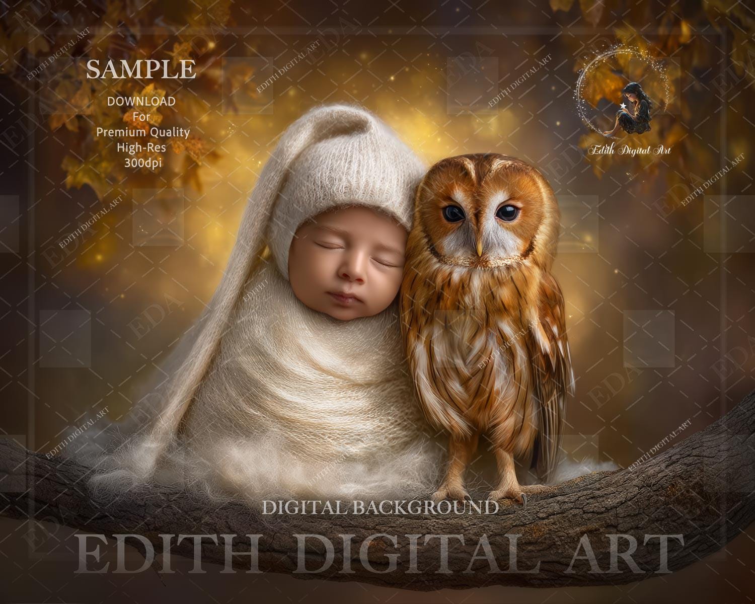 Newborn Face Insert, Autumn Tree Branch With Owl & Baby Faceless Digital Backdrop Photography Co