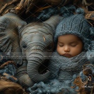 以下が含まれることがあります： 赤ちゃん象の隣で、新生児が穏やかに眠っています。赤ちゃんは柔らかい灰色のニットの毛布と帽子に包まれています。象の鼻と頭が赤ちゃんの近くにあり、優しく心温まるシーンを作り出しています。背景は巣のような配置です。