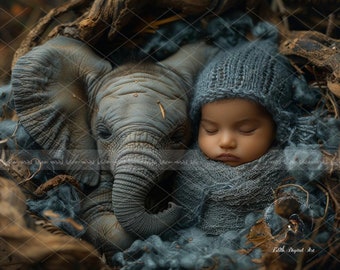 Newborn Digital Backdrop Photography, Face Insert Baby Digital Background for Boy, Add face Digital Photo Prop Composite, Elephant Backdrop.