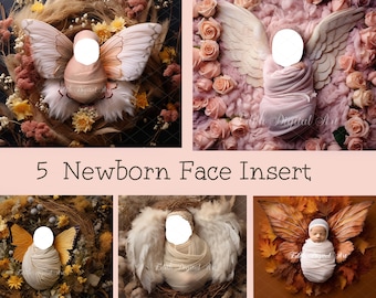 Op de afbeelding: Vijf digitale gezichtsinzet sjablonen voor pasgeborenen. Elke sjabloon heeft een andere achtergrond met een baby gewikkeld in een deken en vleugels. De achtergronden omvatten een nest met bloemen, een bed van roze rozen, een nest met gele bloemen, een nest met witte veren en een bed van herfstbladeren.