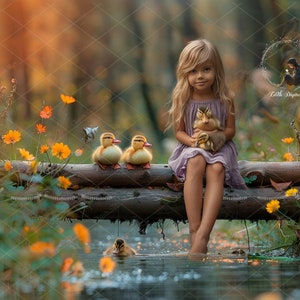 Ducklings Pond Digital Backdrop, Spring Digital Background, Easter, Blooms, Flowers, Field, Forest, Meadow, Nature, Kids Outdoor Portrait.