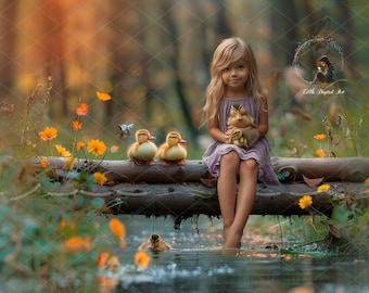 Ducklings Pond Digital Backdrop, Spring Digital Background, Easter, Blooms, Flowers, Field, Forest, Meadow, Nature, Kids Outdoor Portrait.