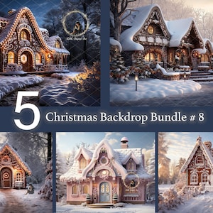 5 Christmas Digital Backdrop Bundle, Christmas Background Photography, Outdoor Snowy Gingerbread House at Enchanted Winter Wonderland Forest