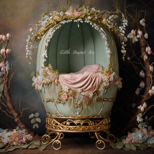 Oeuf de Pâques numérique nouveau-né, fond numérique de lit, lit de bébé rose floral, studio de photographie composite nouveau-né, accessoire photo numérique de printemps
