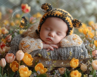 Newborn Digital Bee Background Photography Portraits, Face Insert Baby Backdrop Girl Add face Digital Photo Prop Composite, Floral Backdrops