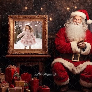 サンタクロースのホルギングフレームデジタル背景オーバーレイ、クリスマスデジタル背景、マジカルサンタシーンPhotoshopテンプレートオーバーレイ、クリスマスプリント
