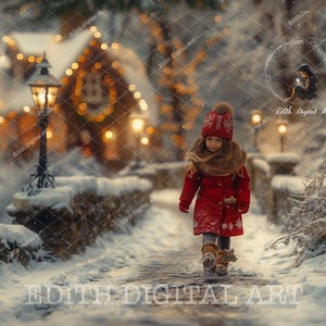 Kerst Digitale achtergrondfotografie, Noordpool Santa Village, Snow Woodland Road, magisch kerstportret Kinderen familie, huisdieren + sneeuwoverlay