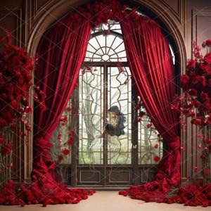 Könnte beinhalten: Ein junges Mädchen in einem blauen Kleid sitzt in einem Fensterrahmen, umgeben von roten Rosen. Das Fenster ist von roten Samtvorhängen und einem Holzbogen eingerahmt.