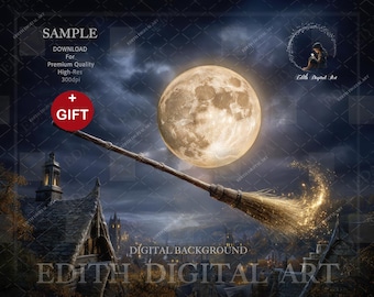 Witch Broom Digital Backdrop For Photography Composite, Full Moon, Old Town Background, Fantasy Halloween Theme, Instant Download