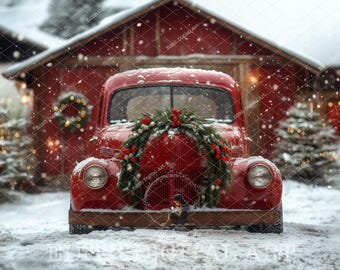 Christmas Red Truck Digital Backdrop, Vintage Truck, Red Barn, Christmas Backdrop Composite, Christmas Background Photography + Snow Overlay