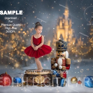 Christmas Digital Backdrop, Nutcracker & Ballerina Stand, Ideal For  Girl or Pets. Winter Princess Castle In Background  + Snow Overlay