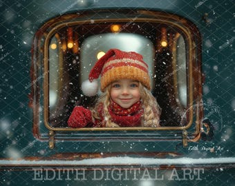 May include: A young girl wearing a red and white knit hat with a pom-pom peeks out of a window. She is wearing a red scarf and has blonde hair. The window is covered in snow.