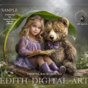 Puede incluir: Una niña con un vestido y botas color lavanda está sentada con un oso de peluche marrón, leyendo un libro bajo una gran hoja verde. La imagen tiene una calidad suave y soñadora, con un fondo digital y el texto "DIGITAL BACKGROUND EDITH DIGITAL ART".