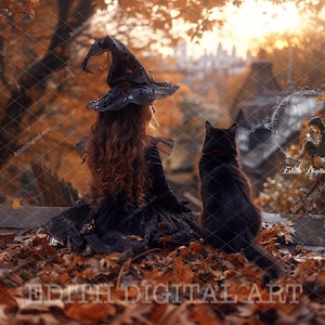 Halloween Digital Backdrop, Black Cat, Rooftop, Autumn Background, Fall Leaves,  Sunset, Fantasy Photography Portrait, Instant Download