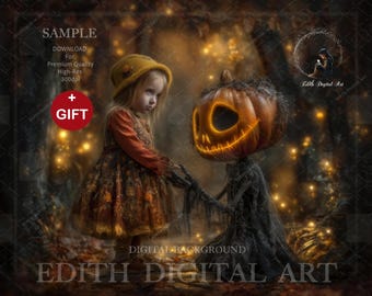 Halloween Digital Backdrop, Magical Fall Forest With Jack O’Lantern, Fantasy Fine Art Background For Kids Photography Composite Downloadable