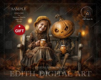 Halloween Digital Backdrop, Fall Bench With Jack O’Lantern, Fantasy Fine Art Background For Children Photography Composite Instant Download