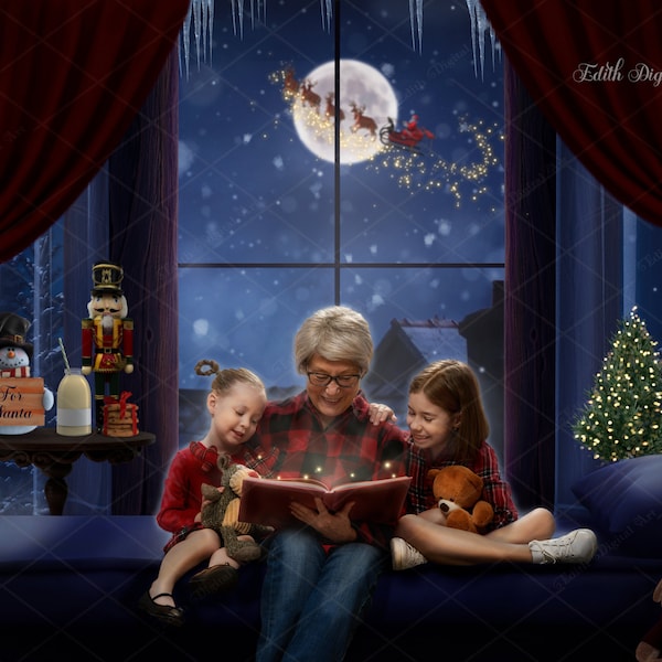 Christmas Digital Backdrop Background, Holiday Christmas Window With Santa in Moon, Christmas Scene Photography Photoshop Composite.