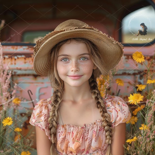 Pink Truck at Wildflowers Field Spring Digital Background,  Easter  Backdrop Photography, Creative Composite Photoshop Outdoors Portrait