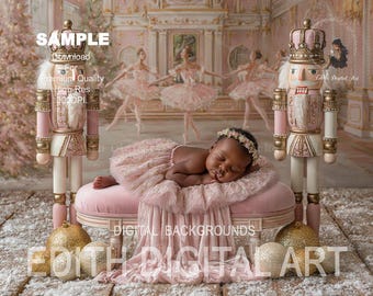 Christmas Newborn Digital Backdrop Photography, Pink Nutcracker Baby Girl Ballet, Holiday Photo Background. Instant Download.