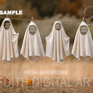 May include: Four off-white ghost costumes hanging from a clothesline, each featuring a circular cutout at the top with the text ADD FACE. The word SAMPLE appears in the upper left corner, and the text DIGITAL BACKGROUNDS EDITH DIGITAL ART is visible.