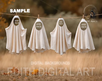Fun Halloween Ghost Family Photo Template, Add Face Digital Backdrop, Sheet Line, Funny Fall Photography Composite For Kids. Downloadable