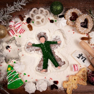 Fotografía de fondo digital de Navidad, fondo de ángel de harina para hornear para niños, tabla de corte plana de ángeles de nieve, niño pequeño, familia, niños.