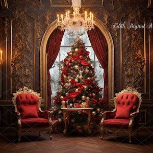 Christmas Backdrop Digital, Christmas Digital Chair Background, Christmas Digital Photography, Christmas Portrait Studio Room Overlay.