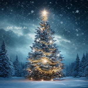 May include: A large, decorated Christmas tree stands in a snowy forest at night. The tree is lit with white lights and decorated with red and gold ornaments. The sky is dark blue with falling snow.