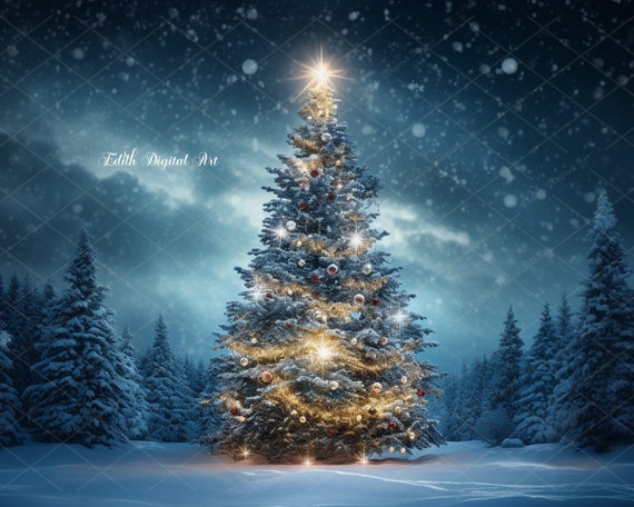 Christmas Tree Photography Backdrop Digital, Xmas Tree Printable Background, Holiday Portrait Photo Studio Template, Outdoor Photoshoot