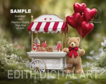 Valentines Cart Digital Backdrop Photography, Teddy Bear With Red Hearts Ballons, Photo Background Composite.