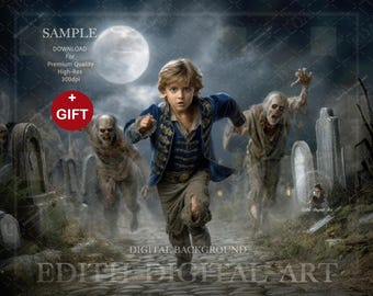 Cemetery Digital Backdrop Photography, Fun Halloween Background Photo Composite For Children, Running from Creepy Zombies, Instant Download