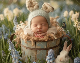 Cara insertar fondo digital recién nacido, fondo de conejito de Pascua recién nacido, compuesto de fotografía de recién nacido, telón de fondo floral de primavera, bebé Gil & Boy