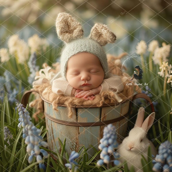 Face Insert Newborn Digital Backdrop, Newborn Easter Bunny Background, Newborn Photography Composite, Floral Spring Backdrop, Baby Gil & Boy