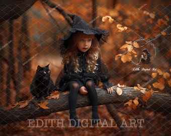 Halloween Digital Backdrop Photography, Witch Background, Autumn Forest Branch, Fall Woods Tree, Studio Portrait Composite, Instant Download