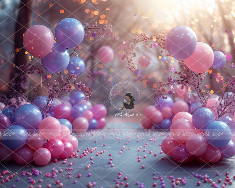 May include: A dreamy image of pink and lilac balloons, grouped and floating. Sprigs of pink blossom and scattered confetti enhance the celebratory feel. The background is softly blurred with bokeh lights, creating a magical atmosphere.