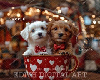 Fondo digital de San Valentín para mascotas, gatos y perros. Foto digital de taza de amor para cachorros y plantilla para fotografía de recién nacidos.