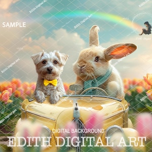May include: A yellow vintage car with a bunny rabbit wearing a blue scarf driving and a small white dog with a yellow bow tie sitting in the passenger seat. The car is in a field of yellow and orange tulips with a rainbow in the background.
