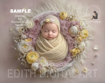Newborn Digital Backdrop, Spring Floral Bowl, Baby Girl Potography Background, Digital Newborn Photo Prop. Instant Download