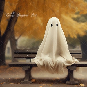 May include: A white ghost figure sits on a wooden park bench in front of a blurry background of fall foliage.