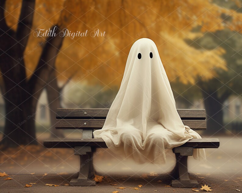 May include: A white ghost figure sits on a wooden park bench in front of a blurry background of fall foliage.