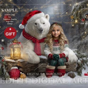 May include: A digital background featuring a polar bear wearing a Santa hat and scarf, with a young girl in a Christmas sweater. A lantern and gift box are also present. The image has the text "SAMPLE" and "GIFT".