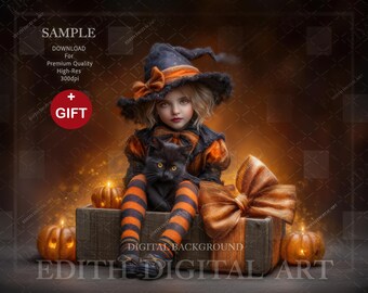 Cyfrowe tło na Halloween, cyfrowe kompozycje fotograficzne w stylu rustykalnego pudełka na prezent, jesienne tło do zdjęć dzieci lub zwierząt.