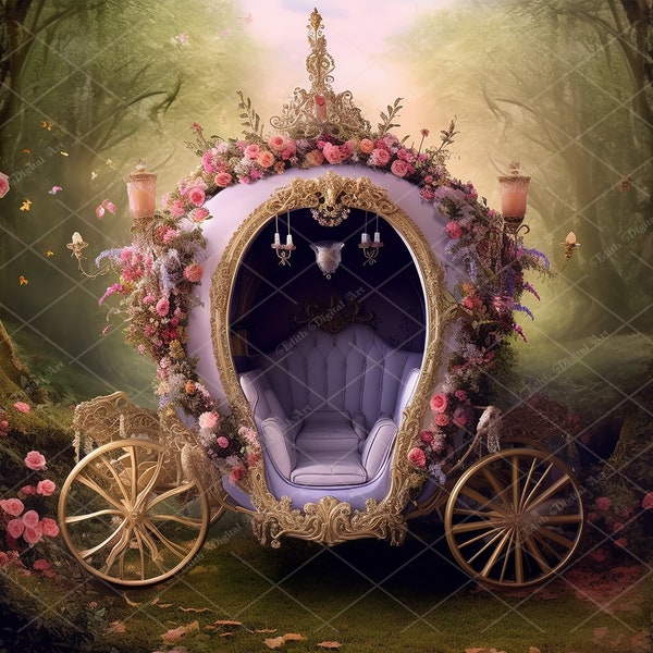 Princess Carriage Digital Backdrop Photography, Fairytale Floral Carriage for Newborn and Toddler Girl on Enchanted Fairytale Forest Prop