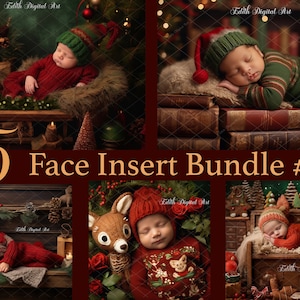 May include: Five digital face insert images for newborn photography. Each image features a different Christmas scene with a baby in a festive setting. The scenes include a baby sleeping on a stack of books, a baby sleeping in a wooden crib, a baby sleeping in a sleigh, a baby sleeping in a basket, and a baby sleeping in a manger.