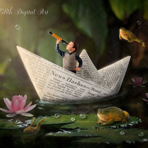 Fairytale Digital Backdrop for kids, Enchanted Background for Toddler, Frog Photography Composite for Children, Paper Boat Photoshop Overlay