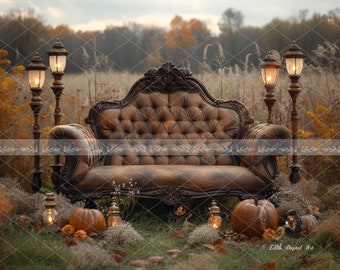 Autumn Digital Backdrop For Photography, Brown Couch at Fall Field Digital Background Composite, Outdoor Photo Portraits,  Instant Download