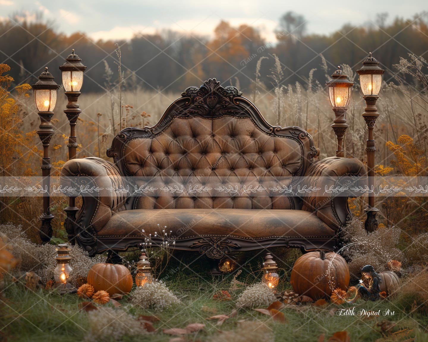 Autumn Digital Backdrop for Photography, Brown Couch at Fall Field ...