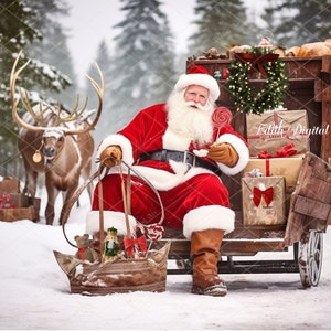 Christmas Digital Backdrop Photography, Santa on Sleigh on Christmas Gifts, Snowy Winter Forest at North Pole, Fantasy Outdoor Photoshoot